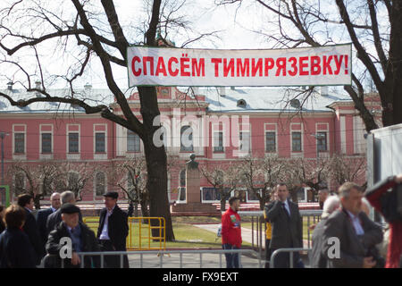 Moscow, Russia - April 11, 2016.  The protest of students and professors of the Russian Timiryazev State Agrarian University against the exclusion of scientific fields of development. Political slogan save Timiryazevka Stock Photo