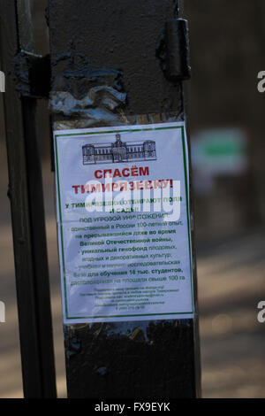 Moscow, Russia - April 11, 2016.  Leaflet in support of the protest Timiryazev Academy. The protest of students and professors of the Russian Timiryazev State Agrarian University against the exclusion of scientific fields of development. Stock Photo