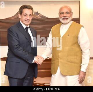 New Delhi, India. 13th Apr, 2016. Indian Prime Minister Narendra Modi welcomes former French President Nicolas Sarkozy at his residence at Race Course Road April 13, 2016 in New Delhi, India. Credit:  Planetpix/Alamy Live News Stock Photo