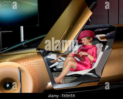 HM Queen Máxima in a new protoype car of BMW, at the Urban Mobility · BMW Group Visit during a two days visit of the Royal Couple to Bavaria, 13 April 2016. RPE/Albert Nieboer/Netherlands OUT - NO WIRE SERVICE- Stock Photo