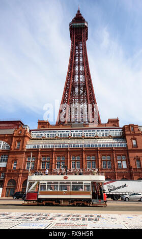 Blackpool, UK. 13th Apr, 2016. Tourism and council chiefs are celebrating the news that Blackpool Tower, situated on the seafront in Blackpool, Lancashire,  has been restored to its former glory marking the end of an 8 year restoration project.  The resort landmark has been hidden under scaffolding since 2008 as part of what was reported to have been a £6m project to repair the steel structure which had succumbed to years of exposure to wind, rain and the salt air. Credit:  Barrie Harwood/Alamy Live News Stock Photo