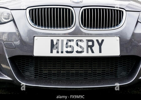 A personalised number plate almost spelling Misery. Stock Photo