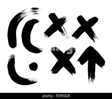 Black Painted Brush Strokes Arrow, X, Dot and Curve Isolated on White Background. Stock Photo