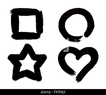 Square, Circle, Star and Heart Symbols Black Paint Brush Strokes Isolated on White Background. Stock Photo