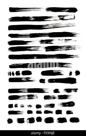 Various Black Paint Brush Strokes Isolated on White Background. Stock Photo