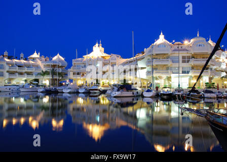 Boats and apartments in the marina at dusk, Benalmadena, Malaga ...