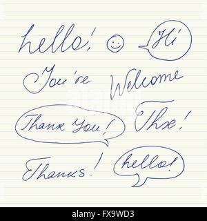 Handwritten short phrases. Hello, Thank You, Welcome, Thanks, Hi, Thx.. Stock Vector