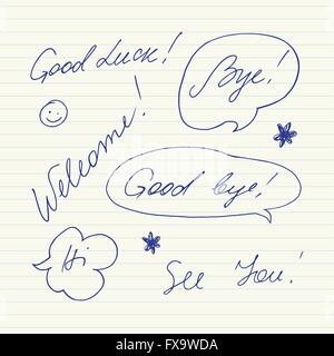 Handwritten short phrases. Good luck, Good bye, Welcome, Bye, Hi, See you.. Stock Vector
