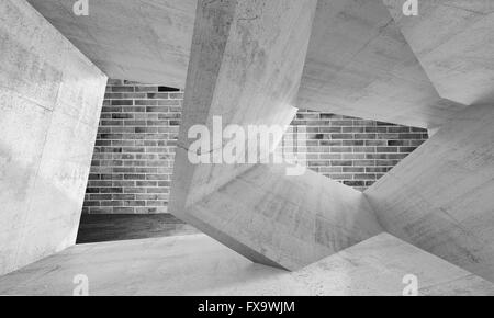 Abstract concrete interior with chaotic structures over dark gray brick wall. Modern architecture background, 3d render illustra Stock Photo