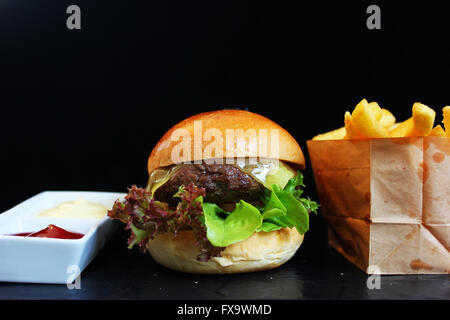 Beef Burger with french fries Stock Photo