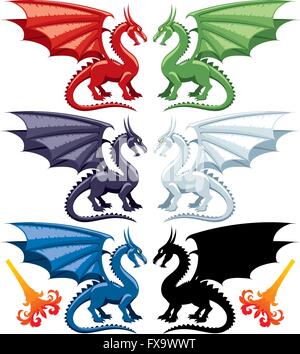 Set of dragons. Stylized flames are also included in case you want to make them breathe fire. Stock Vector