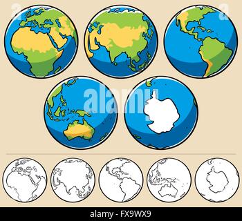 Cartoon illustration of planet Earth viewed from 5 different angles. Below are the same globes uncolored. Stock Vector