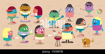 Happy people having barbecue outdoors. Stock Vector