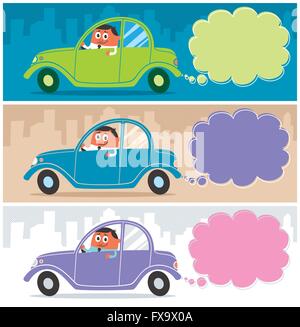 Cartoon character driving his car. Use the smoke as a copy space for your message. The illustration is in 3 versions. The size o Stock Vector