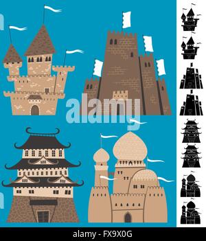 Set of cartoon castles. Silhouette versions are also included. Stock Vector
