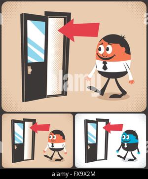 Cartoon man entering door. Illustration is in 3 versions. Stock Vector