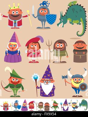 Set of 10 cartoon medieval characters. Below are the same characters customized for white background. Stock Vector