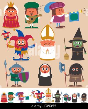 Set of 9 cartoon medieval characters. Below are the same characters customized for white background. Stock Vector