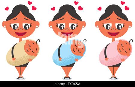 Cartoon mother and baby in 3 color versions for boy girl and unknown baby. Stock Vector