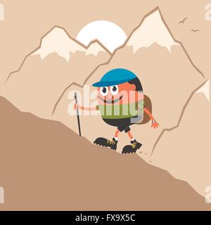 Cartoon Character climbing mountain slope. Stock Vector