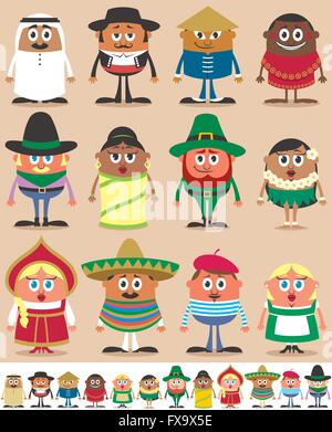 Set of 12 characters dressed in different national costumes. Each character is in 2 color versions depending on the background. Stock Vector