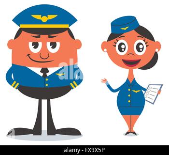 Illustration of cartoon pilot and air hostess. No transparency and gradients used. Stock Vector