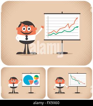 Cartoon character making a presentation. The illustration is in 3 versions. You can replace the chart with your own message. Stock Vector