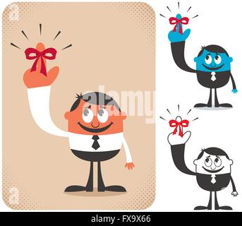 Illustration of businessman with red reminder ribbon on his finger in 3 versions. Stock Vector