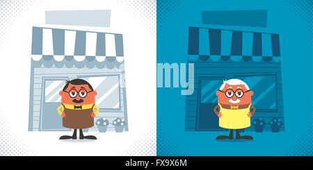 Illustration of cartoon shopkeeper in 2 color versions. No transparency and gradients used. Stock Vector