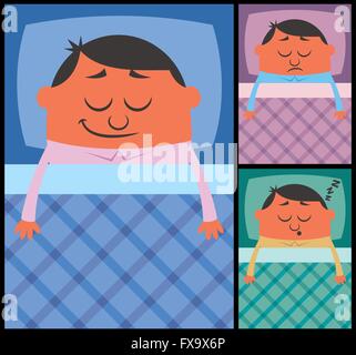 Cartoon illustration of sleeping man in 3 versions. No transparency and gradients used. Stock Vector