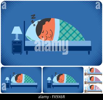 Cartoon illustration of sleeping man in 6 versions. No transparency and gradients used. Stock Vector