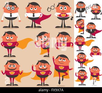 Businessman who is actually superhero in disguise. 9 different poses.  On the right is the same character adapted for white back Stock Vector