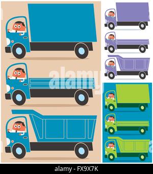 Cartoon character driving 3 types of trucks. Each truck is in 3 color versions. Stock Vector