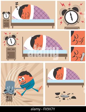 Short story about man having difficulty to wake up in the morning. No transparency and gradients used. Stock Vector