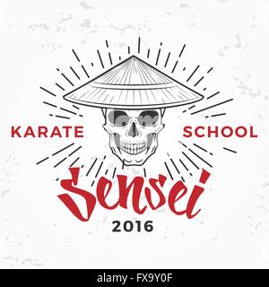 Japanese sensei skull Logo. Samurai master insignia design. Vintage ninja mascot badge. Martial art Team t-shirt illustration concept on grunge background Stock Vector