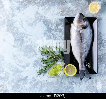 Ready to cook raw bream fish with herbs, lemon and olive oil on black ceramic plate over blue textured background. With copy spa Stock Photo