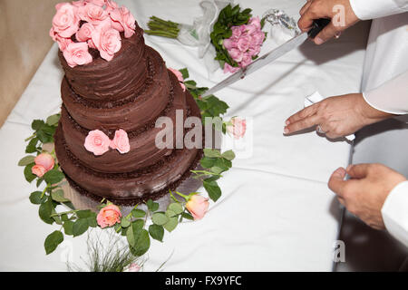 Bride and Groom Cutting Chocolate Wedding Cake Stock Photo