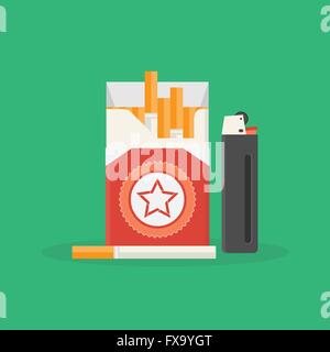 Vector illustration of opened pack of cigarettes and lighter. Smoke problem. Nicotine addiction. Unhealthy lifestyle concept Stock Vector