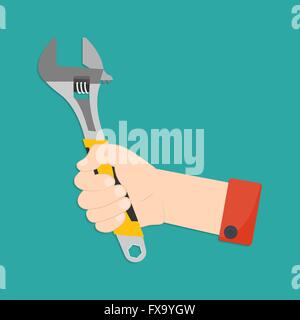 Vector illustration of hand with monkey wrench. Man's hand with monkey wrench in flat style for your design Stock Vector