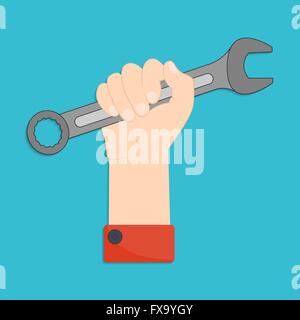 Vector illustration of hand with wrench. Man's hand with wrench in flat style for your design Stock Vector