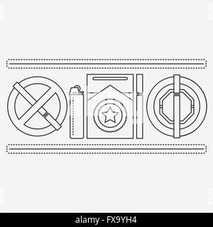 No smoking and smoking area signs. Nicotine addiction. Unhealthy lifestyle concept. Cigarettes, lighter and ashtray line icons Stock Vector