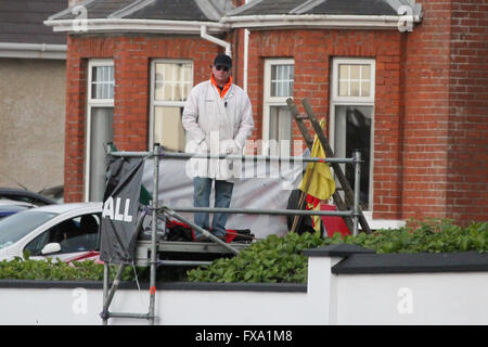 Thursday 13th May 2014 - Vauxhall International North West 200. Evening races - Marshal on duty at York Corner on the famous Triangle Circuit. Stock Photo