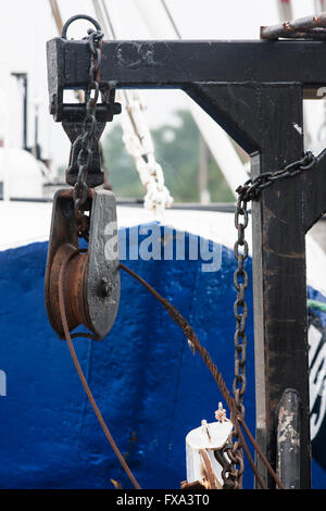 Blocks and rigging at the old ship, closeup Stock Photo