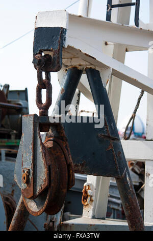 Blocks and rigging at the old ship, closeup Stock Photo