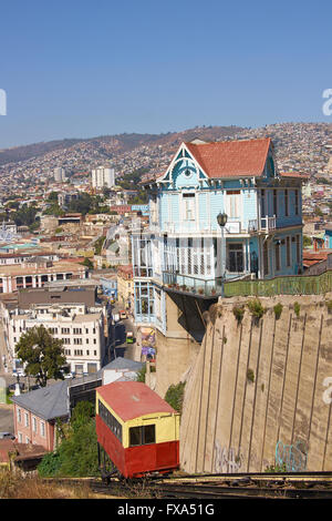 Ascensor Artilleria on a steep hillside in port city of Valparaiso in Chile. Stock Photo