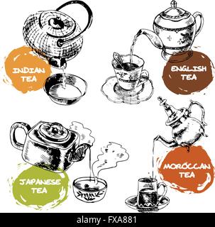 Teapot and cups icons set Stock Vector