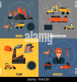 Coal industry flat set Stock Vector