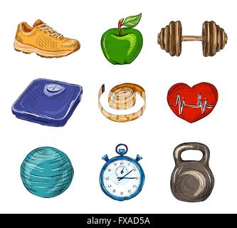 Fitness colored sketch icons Stock Vector