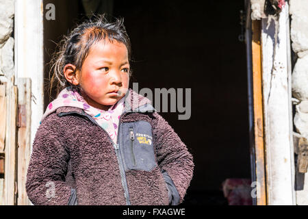 Portrait of a little boy standing in front of a door, Dughla, Solo Khumbu, Nepal Stock Photo