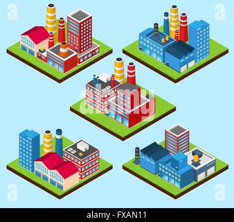 Isometric factory buildings. Industrial power plant building, factories ...